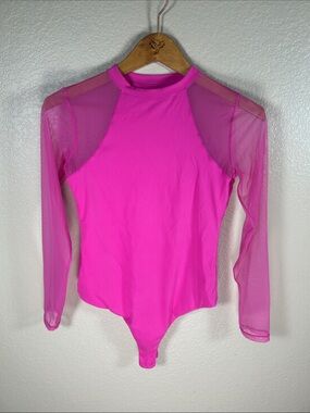 PUMIEY Fuchsia Mesh Sleeve Mock Neck Bodysuit – Size M